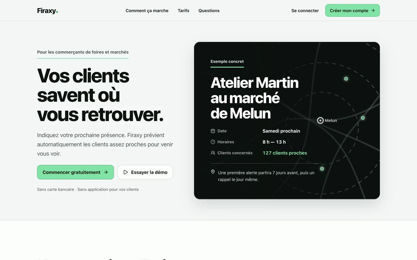 Page d’accueil de Firaxy, produit Amplixy pour les commerçants de foires et marchés